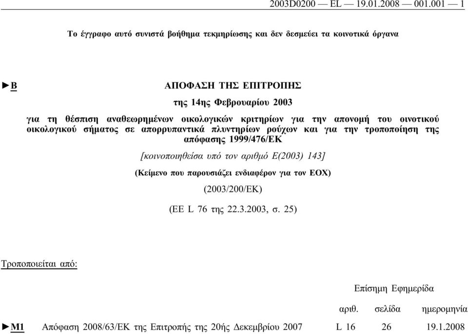 αναθεωρημένων οικολογικών κριτηρίων για την απονομή του οινοτικού οικολογικού σήματος σε απορρυπαντικά πλυντηρίων ρούχων και για την τροποποίηση της