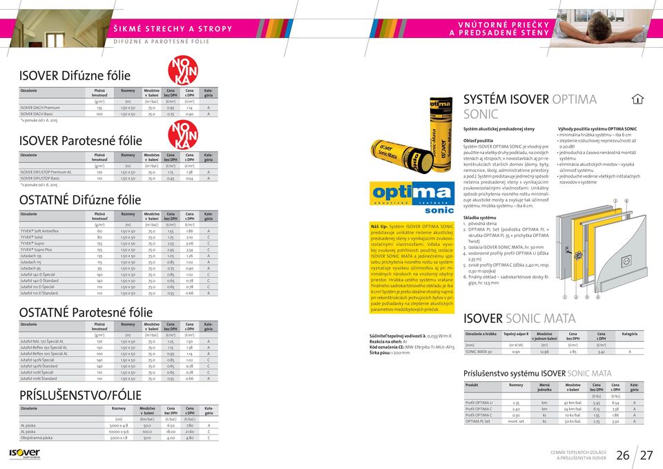 2015 ISOVER Parotesné fólie Označenie Plošná hmotnosť Rozmery v (g/m 2 ) (m) (m 2 /bal.) ( /m 2 ) ( /m 2 ) ISOVER DIFUSTOP Premium AL 170 1.50 x 50 75.0 1.15 1.38 A ISOVER DIFUSTOP Basic 110 1.