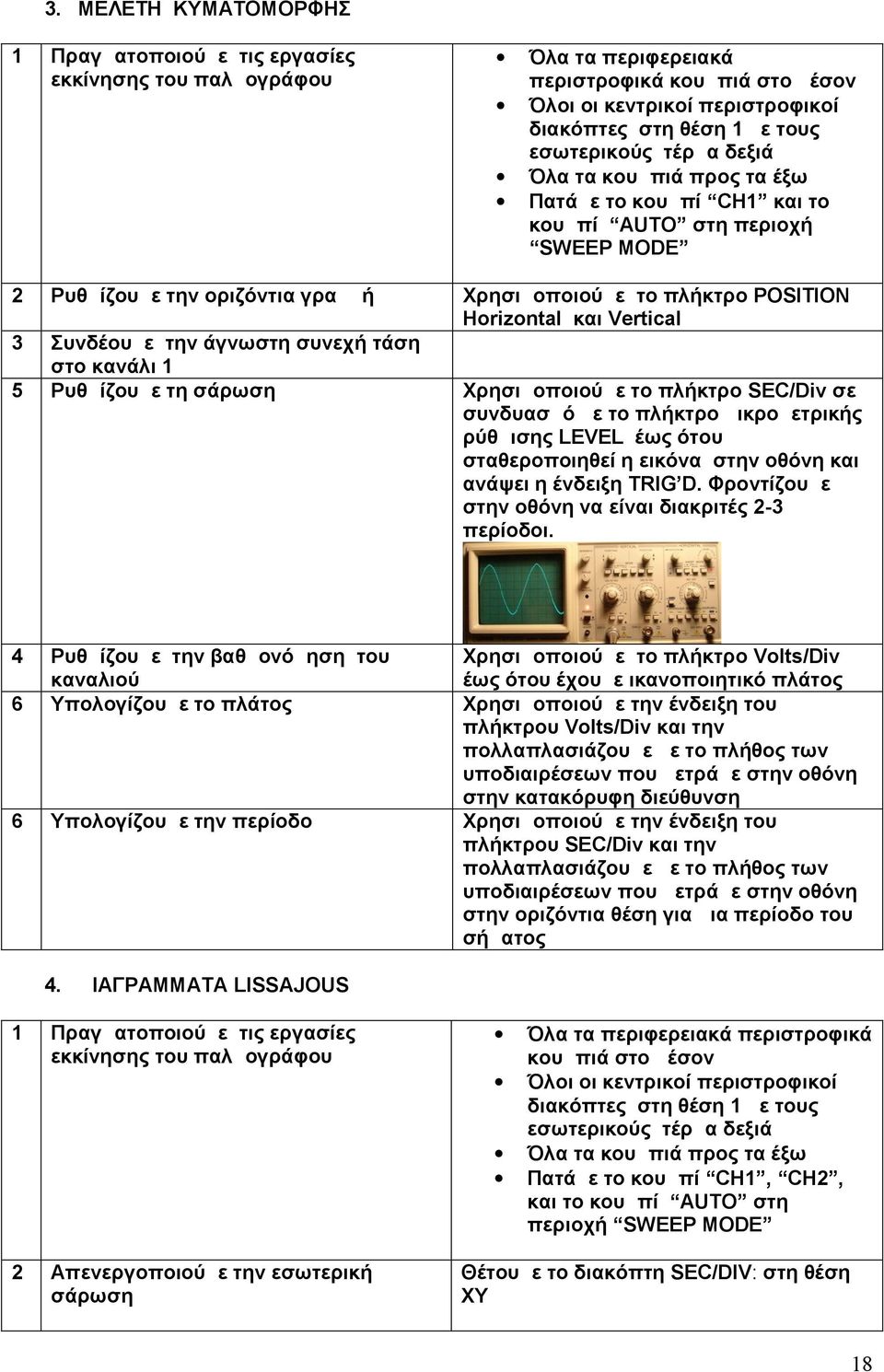 τέρμα δεξιά Όλα τα κουμπιά προς τα έξω Πατάμε το κουμπί CH και το κουμπί AUTO στη περιοχή SWEEP MODE Χρησιμοποιούμε το πλήκτρο POSITION Horizontal και Vertical Χρησιμοποιούμε το πλήκτρο SEC/Div σε