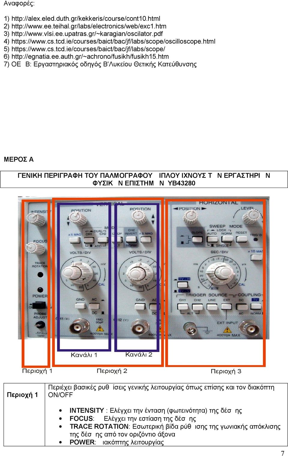 htm 7) ΟΕΔΒ: Εργαστηριακός οδηγός Β Λυκείου Θετικής Κατεύθυνσης MΕΡΟΣ Α ΓΕΝΙΚΗ ΠΕΡΙΓΡΑΦΗ ΤΟΥ ΠΑΛΜΟΓΡΑΦΟΥ ΔΙΠΛΟΥ ΙΧΝΟΥΣ ΤΩΝ ΕΡΓΑΣΤΗΡΙΩΝ ΦΥΣΙΚΩΝ ΕΠΙΣΤΗΜΩΝ ΥΒ380 Κανάλι Περιοχή Περιοχή Κανάλι Περιοχή