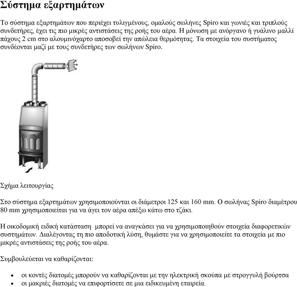 Σχήμα λειτουργίας Στο σύστημα εξαρτημάτων χρησιμοποιούνται οι διάμετροι 125 και 160 mm. Ο σωλήνας Spiro διαμέτρου 80 mm χρησιμοποιείται για να άγει τον αέρα απέξω κάτω στο τζάκι.