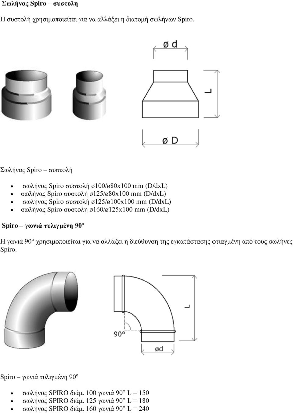 ø125/ø100x100 mm (D/dxL) σωλήνας Spiro συστολή ø160/ø125x100 mm (D/dxL) Spiro γωνιά τυλιγμένη 90º Η γωνιά 90 χρησιμοποιείται για να αλλάξει η