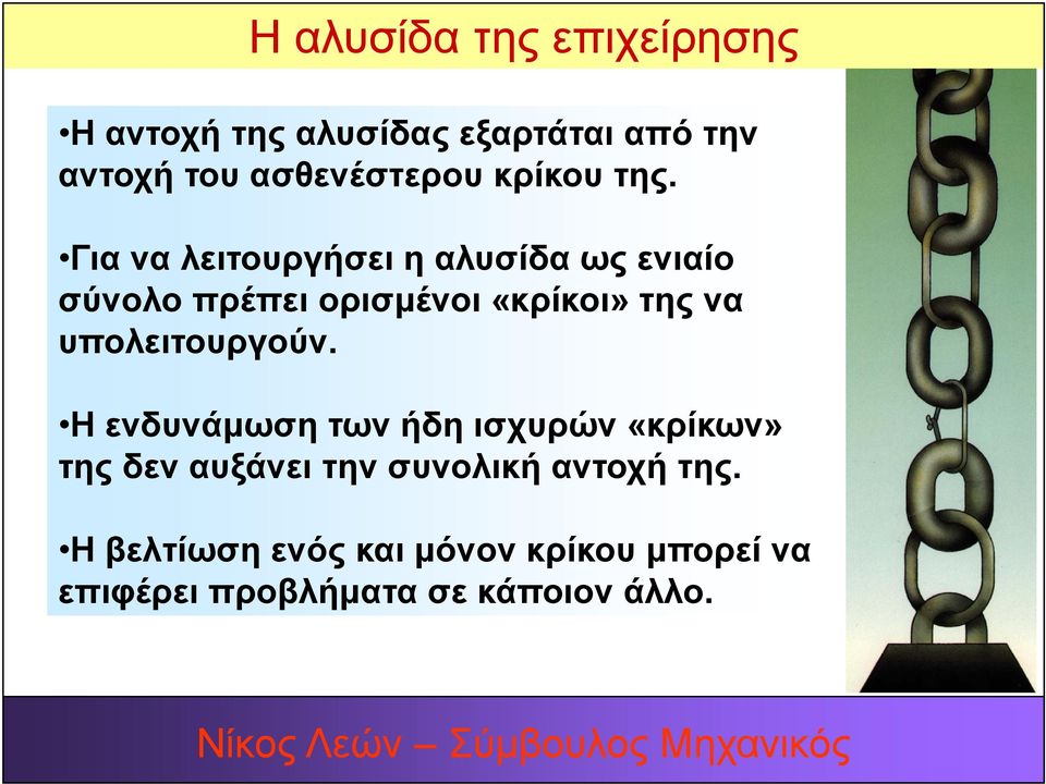 Για να λειτουργήσει η αλυσίδα ως ενιαίο σύνολο πρέπει ορισµένοι «κρίκοι» της να