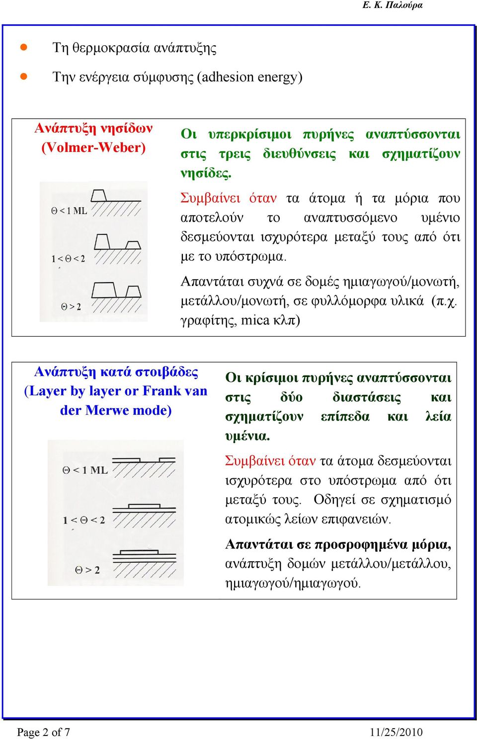 Απαντάται συχνά σε δομές ημιαγωγού/μονωτή, μετάλλου/μονωτή, σε φυλλόμορφα υλικά (π.χ. γραφίτης, mica κλπ) Ανάπτυξη κατά στοιβάδες (Layer by layer or Frank van der Merwe mode) Οι κρίσιμοι πυρήνες αναπτύσσονται στις δύο διαστάσεις και σχηματίζουν επίπεδα και λεία υμένια.