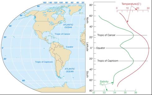 Εικόνα 2. Διακύμανση της επιφανειακής θερμοκρασίας και αλατότητας συναρτήσει του γεωγραφικού πλάτους. Εικόνα 3.