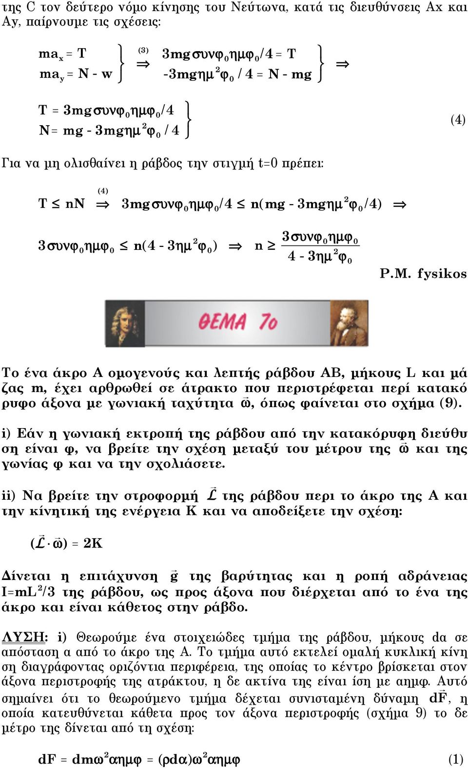 fysikos Tο ένα άκρο Α οµογενούς και λεπτής ράβδου ΑΒ, µήκους L και µά ζας m, έχει αρθρωθεί σε άτρακτο που περιστρέφεται περί κατακό ρυφο άξονα µε γωνιακή ταχύτητα, όπως φαίνεται στο σχήµα 9.