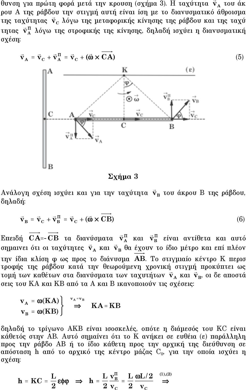 κίνησης, δηλαδή ισχύει η διανυσµατική σχέση: v A = v + v A = v + " # A 5 Σχήµα 3 Ανάλογη σχέση ισχύει και για την ταχύτητα v B του άκρου Β της ράβδου, δηλαδή: v B = v + v B = v + " # B Eπειδή A=- B