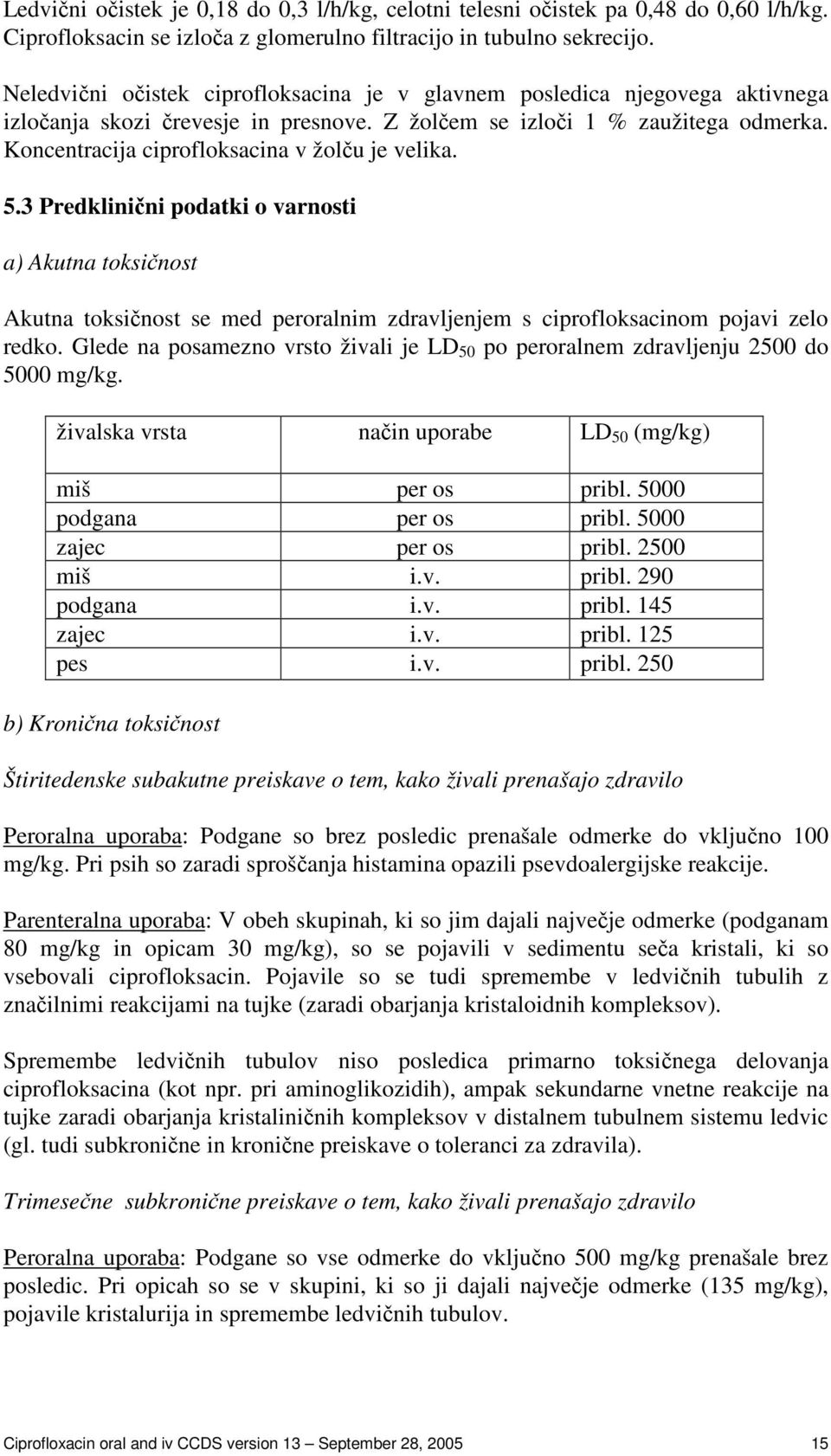 5.3 Predklinini podatki o varnosti a) Akutna toksinost Akutna toksinost se med peroralnim zdravljenjem s ciprofloksacinom pojavi zelo redko.