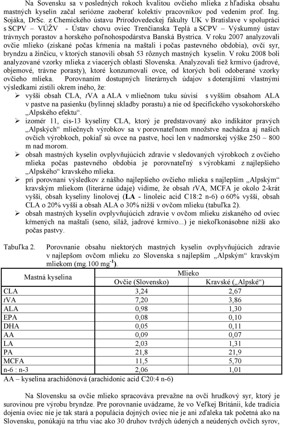 Bystrica. V roku 2007 analyzovali ovčie mlieko (získané počas kŕmenia na maštali i počas pastevného obdobia), ovčí syr, bryndzu a žinčicu, v ktorých stanovili obsah 53 rôznych mastných kyselín.