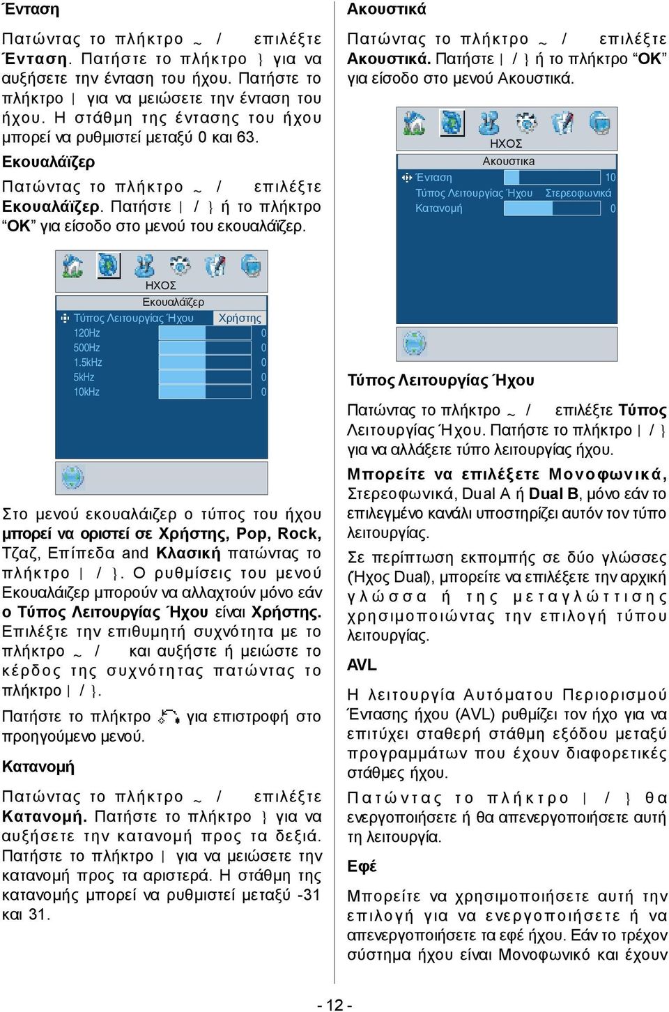 ΗΧΟΣ Aκουστικa Ένταση Τύπος Λειτουργίας Ήχου Κατανομή 10 Στερεοφωνικά 0 ΗΧΟΣ Εκουαλάϊζερ Τύπος Λειτουργίας Ήχου 120Hz 500Hz 1.