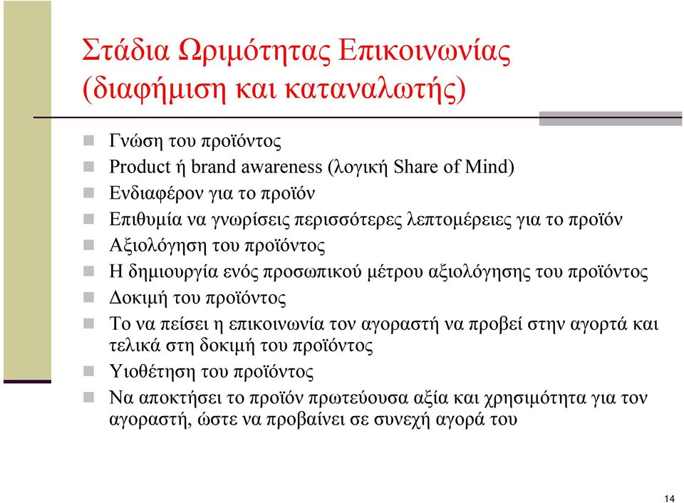 αξιολόγησης του προϊόντος Δοκιμή του προϊόντος Το να πείσει η επικοινωνία τον αγοραστή να προβεί στην αγορτά και τελικά στη δοκιμή του