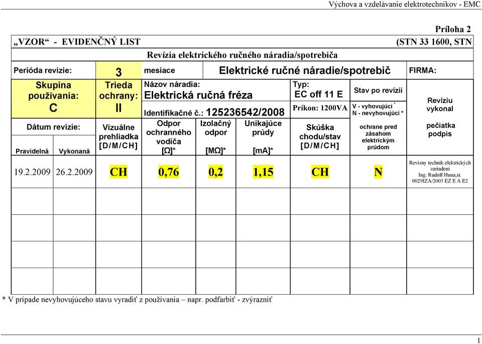 : 125236542/2008 Odpor Izolačný Unikajúce ochranného odpor prúdy vodiča [Ω]* [MΩ]* [m]* Typ: EC off 11 E Príkon: 1200V Skúška chodu/stav [D/M/CH] Stav po revízii V - vyhovujúci * - nevyhovujúci *