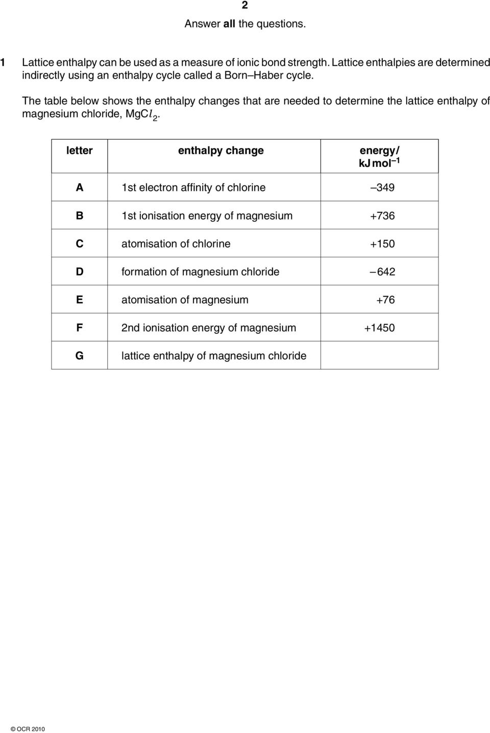 The table below shows the enthalpy changes that are needed to determine the lattice enthalpy of magnesium chloride, MgCl 2.