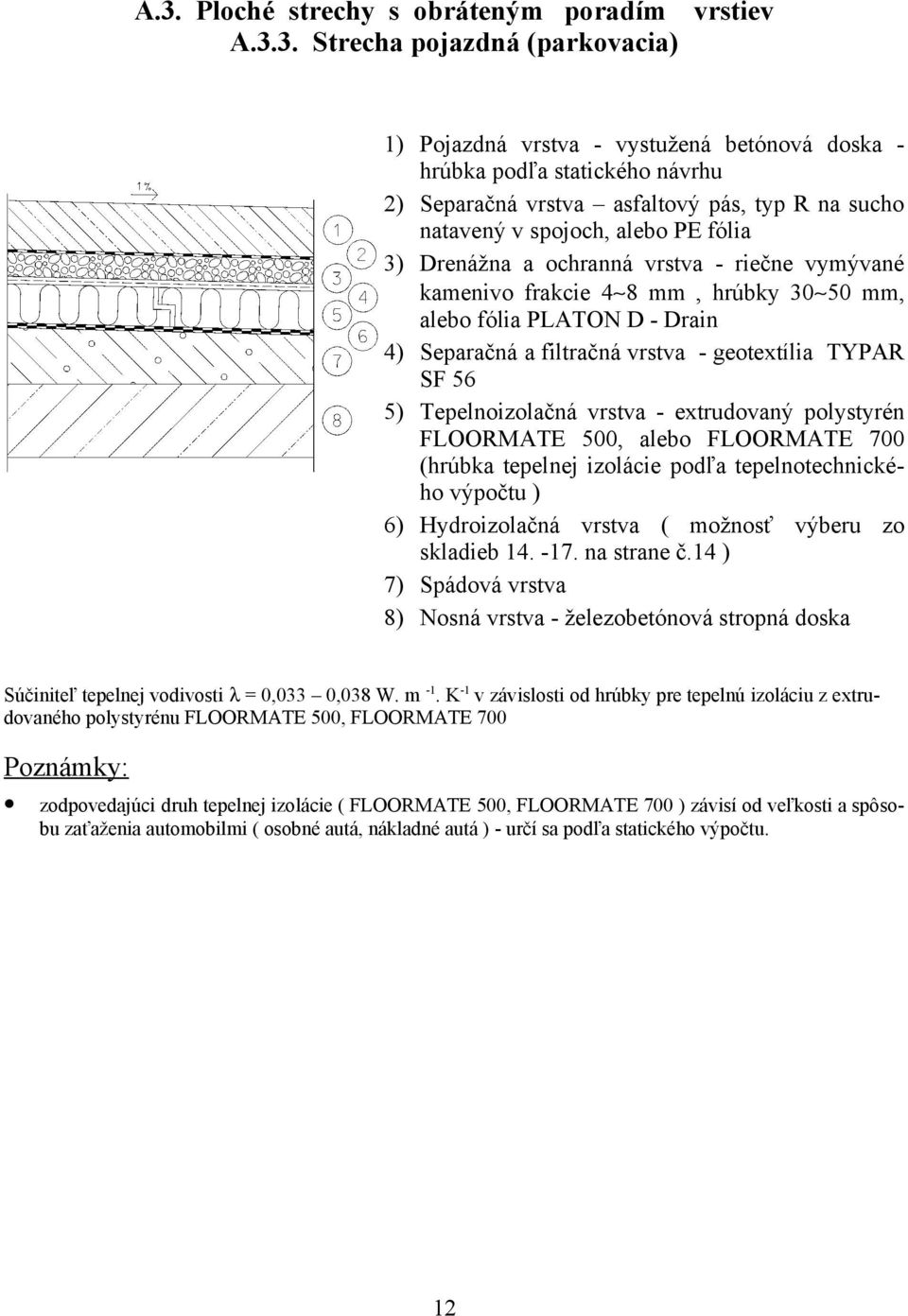 vrstva - geotextília TYPAR SF 56 5) Tepelnoizolačná vrstva - extrudovaný polystyrén FLOORMATE 500, alebo FLOORMATE 700 (hrúbka tepelnej izolácie podľa tepelnotechnického výpočtu ) 6) Hydroizolačná