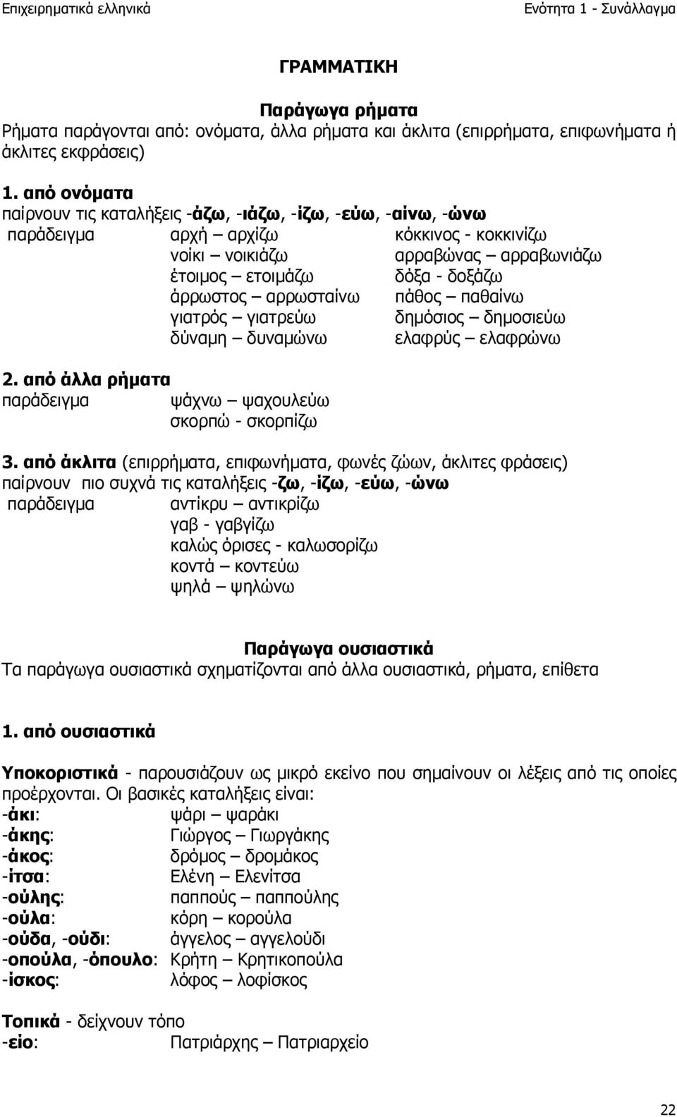 αρρωσταίνω πάθος παθαίνω γιατρός γιατρεύω δηµόσιος δηµοσιεύω δύναµη δυναµώνω ελαφρύς ελαφρώνω 2. από άλλα ρήµατα παράδειγµα ψάχνω ψαχουλεύω σκορπώ - σκορπίζω 3.