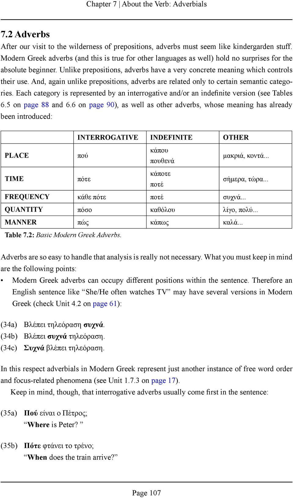 And, again unlike prepositions, adverbs are related only to certain semantic categories. Each category is represented by an interrogative and/or an indefinite version (see Tables 6.5 on page 88 and 6.