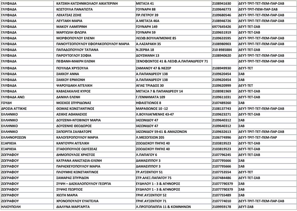 ΜΕΤΑΞΑ 46Α 2108946726 ΔΕΥΤ-ΤΡΙΤ-ΤΕΤ-ΠΕΜ-ΠΑΡ-ΣΑΒ ΓΛΥΦΑΔΑ ΜΑΚΟΥ ΛΑΜΠΡΙΝΗ ΓΟΥΝΑΡΗ 149 6977645426 ΔΕΥΤ-ΤΕΤ-ΣΑΒ ΓΛΥΦΑΔΑ ΜΑΡΓΙΩΛΗ ΦΛΩΡΑ ΓΟΥΝΑΡΗ 59 2109651919 ΔΕΥΤ-ΤΕΤ-ΣΑΒ ΓΛΥΦΑΔΑ ΜΟΡΦΟΠΟΥΛΟΥ ΕΛΕΝΗ ΛΕΩΦ.