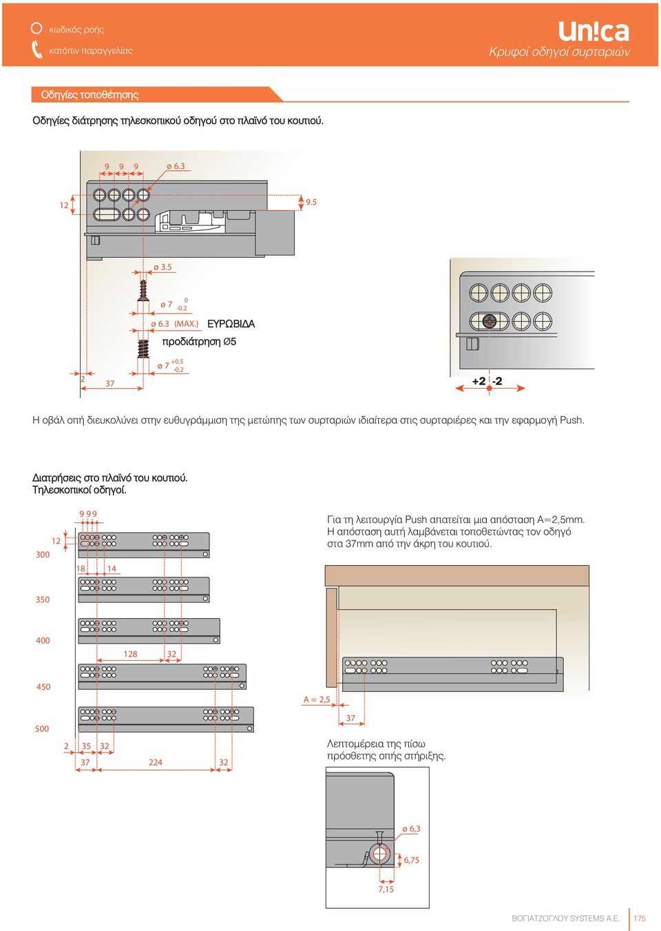 Διατρήσεις στο πλα νό του κουτιού. Τηλεσκοπικοί οδηγοί. 300 12 999 18 14 Για τη λειτουργία Push απατείται μια απόσταση Α=2,5mm.