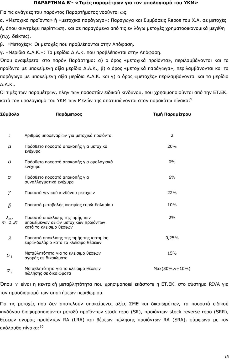 Α.Κ., β) ο όρος «μετοχικά παράγωγα», περιλαμβάνονται και τα παράγωγα με υποκείμενη αξία μερίδια Δ.Α.Κ. και γ) ο όρος «μετοχές» περιλαμβάνονται και τα μερίδια Δ.Α.Κ.. Οι τιμές των παραμέτρων, πλην των ποσοστών ειδικού κινδύνου, που χρησιμοποιούνται από την ΕΤ.