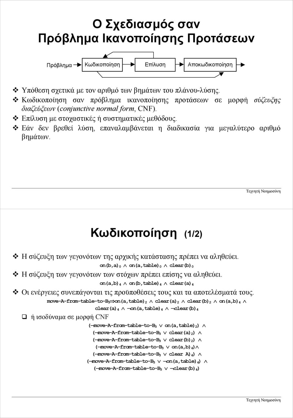 Εάν δεν βρεθεί λύση, επαναλαµβάνεται η διαδικασία για µεγαλύτερο αριθµό βηµάτων. Κωδικοποίηση (1/2) Η σύζευξη των γεγονότων της αρχικής κατάστασης πρέπει να αληθεύει.