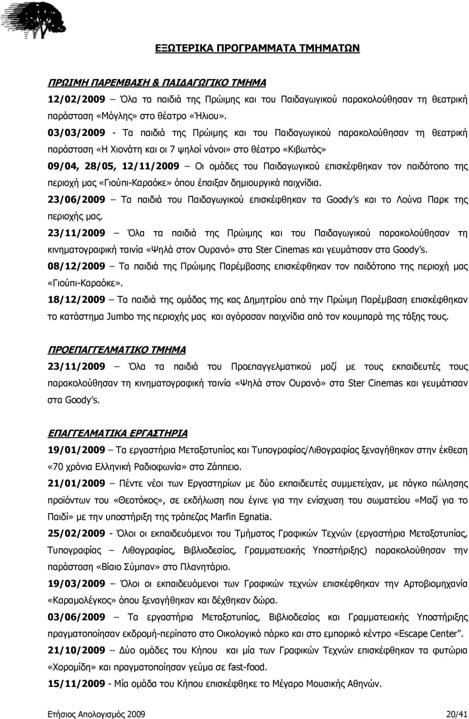 επισκέφθηκαν τον παιδότοπο της περιοχή μας «Γιούπι-Καραόκε» όπου έπαιξαν δημιουργικά παιχνίδια. 23/06/2009 Τα παιδιά του Παιδαγωγικού επισκέφθηκαν τα Goody s και το Λούνα Παρκ της περιοχής μας.