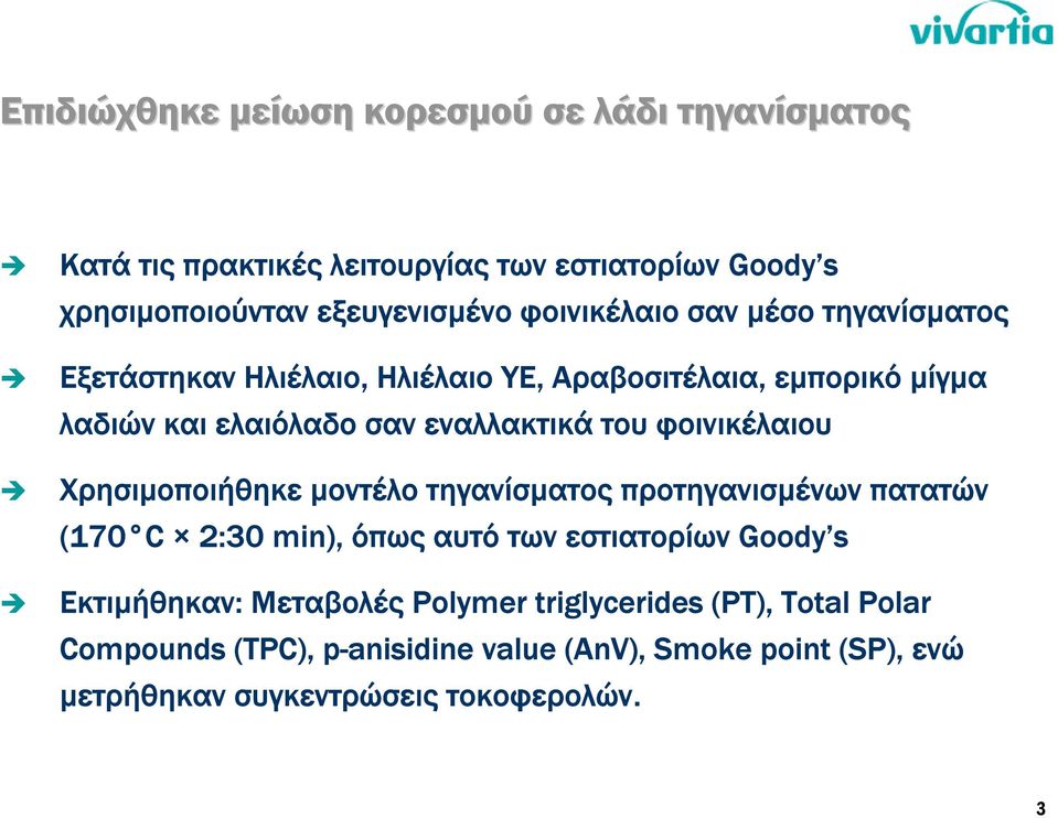 φοινικέλαιου Χρησιµοποιήθηκε µοντέλο τηγανίσµατος προτηγανισµένων πατατών (170 C 2:30 min), όπως αυτό των εστιατορίων Goody s Εκτιµήθηκαν: