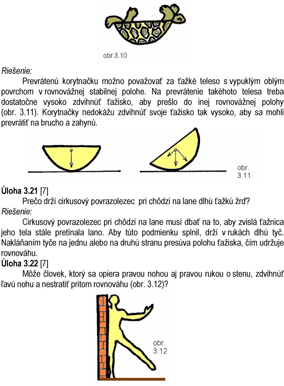 Korytnačky nedokážu zdvihnúť svoje ťažisko tak vysoko, aby sa mohli prevrátiť na brucho a zahynú. Úloha 3.21 [7] Prečo drží cirkusový povrazolezec pri chôdzi na lane dlhú ťažkú žrď?