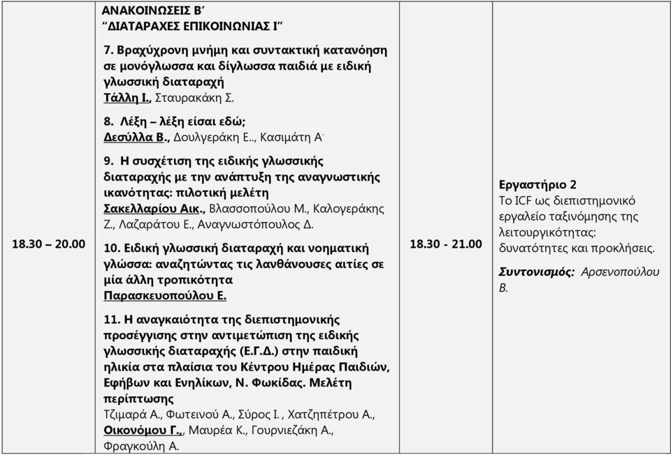 , Βλασσοπούλου Μ., Καλογεράκης Ζ., Λαζαράτου Ε., Αναγνωστόπουλος Δ. 10. Ειδική γλωσσική διαταραχή και νοηματική γλώσσα: αναζητώντας τις λανθάνουσες αιτίες σε μία άλλη τροπικότητα Παρασκευοπούλου Ε.