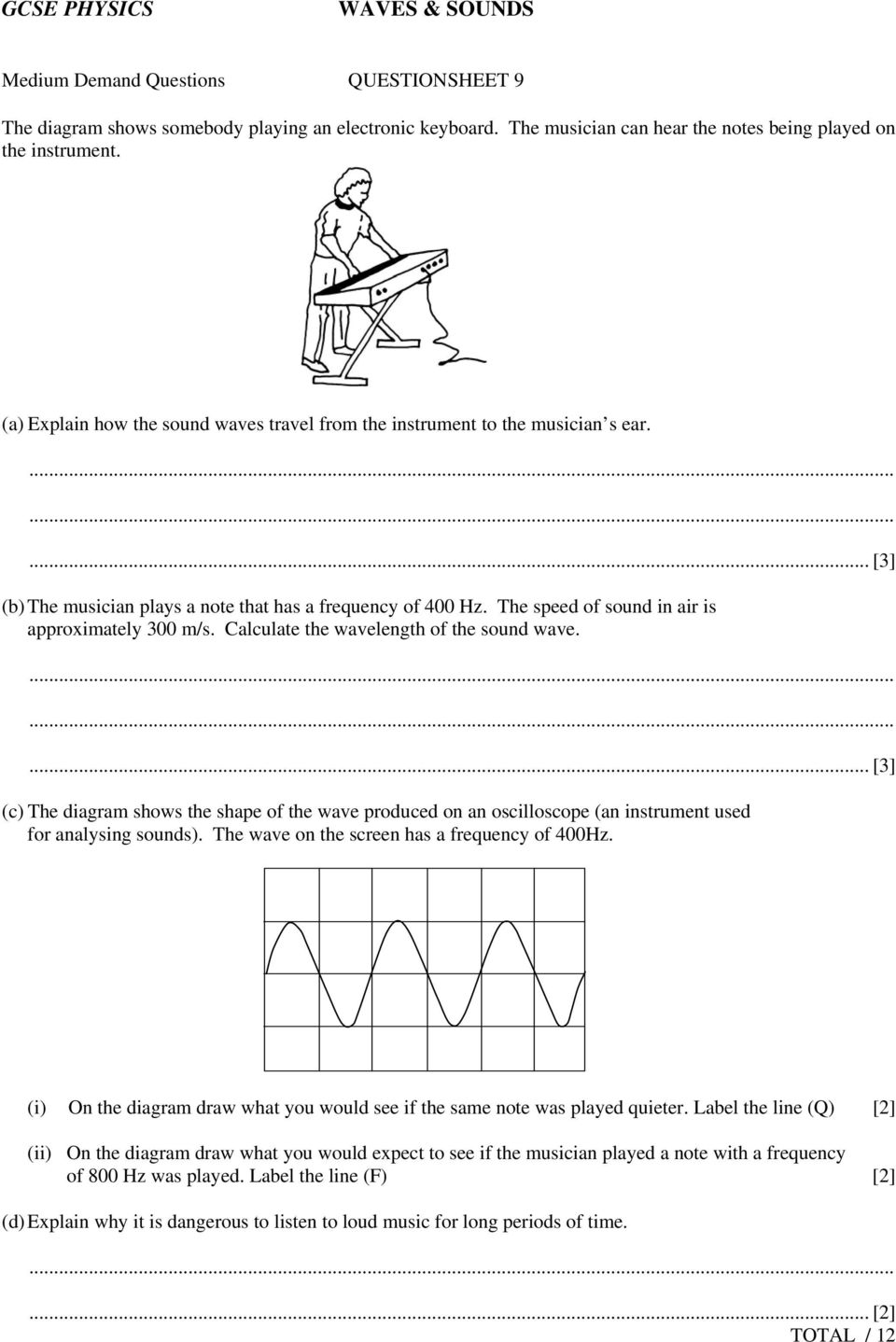 Calculate the wavelength of the sound wave. (c) The diagram shows the shape of the wave produced on an oscilloscope (an instrument used for analysing sounds).