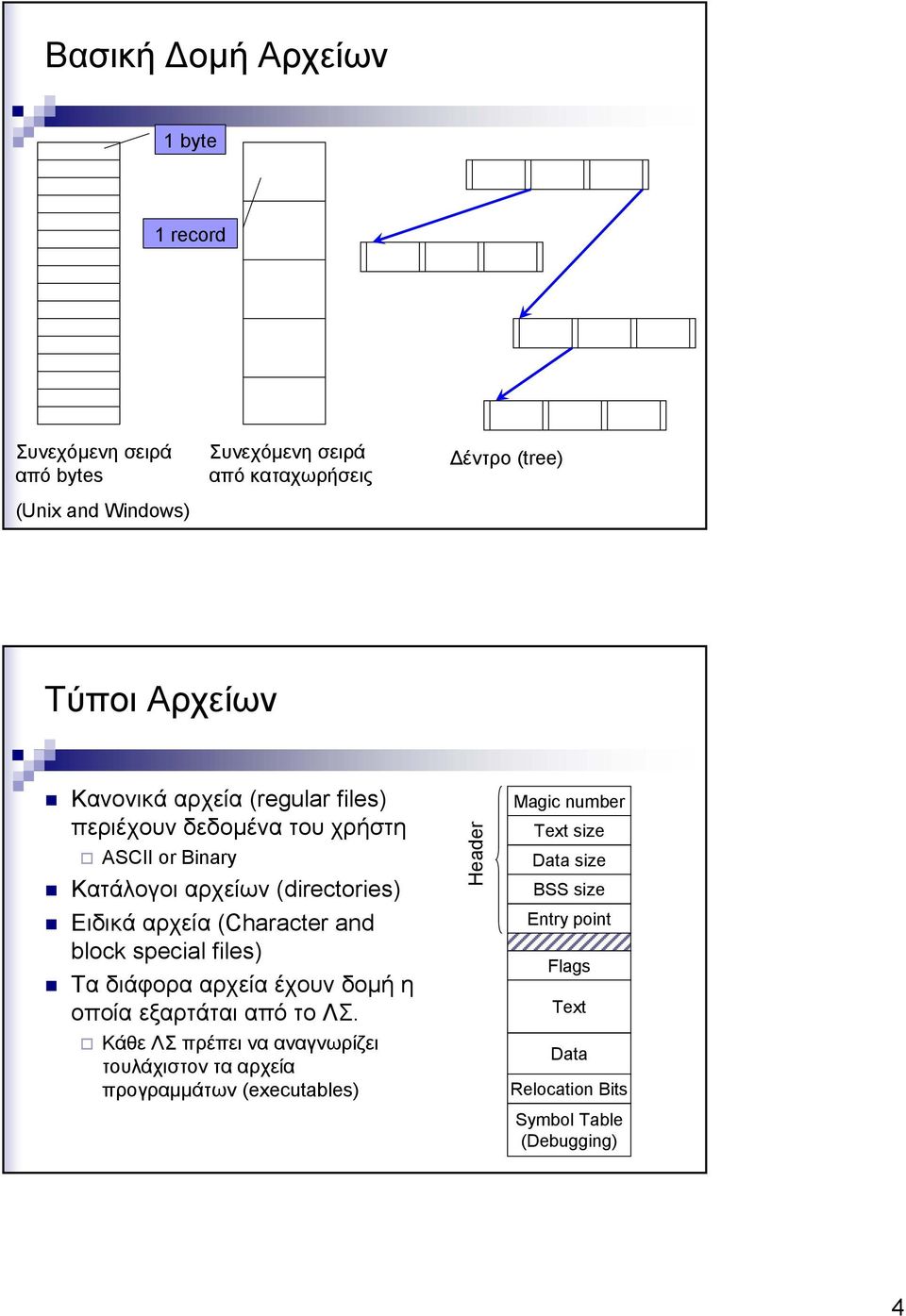 (Character and block special files) Τα διάφορα αρχεία έχουν δοµή η οποία εξαρτάται από το ΛΣ.