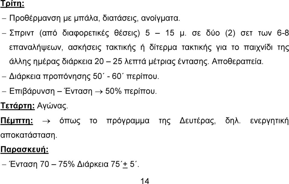 διάρκεια 20 25 λεπτά μέτριας έντασης. Αποθεραπεία. Διάρκεια προπόνησης 50-60 περίπου.