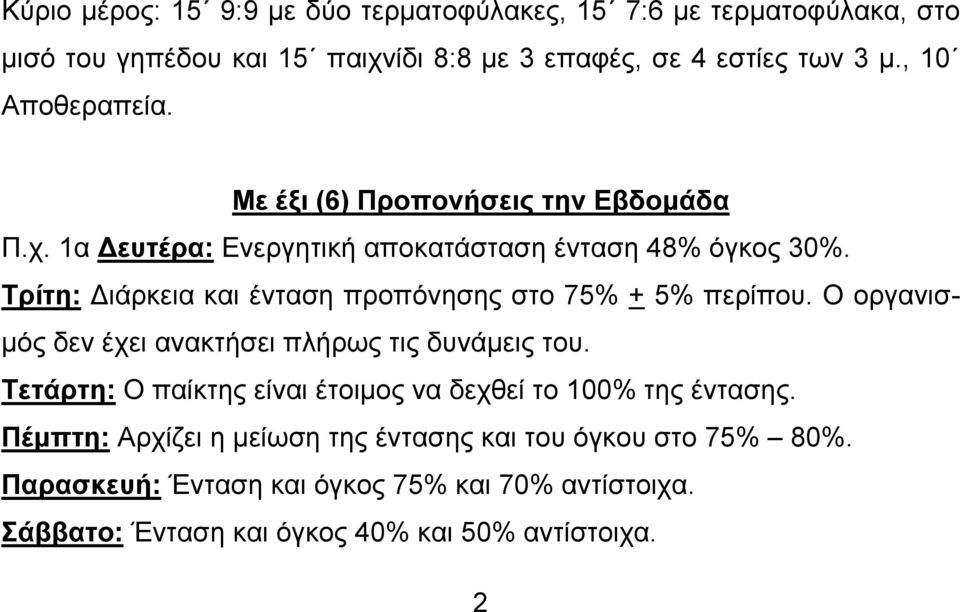 Τρίτη: Διάρκεια και ένταση προπόνησης στο 75% + 5% περίπου. Ο οργανισμός δεν έχει ανακτήσει πλήρως τις δυνάμεις του.