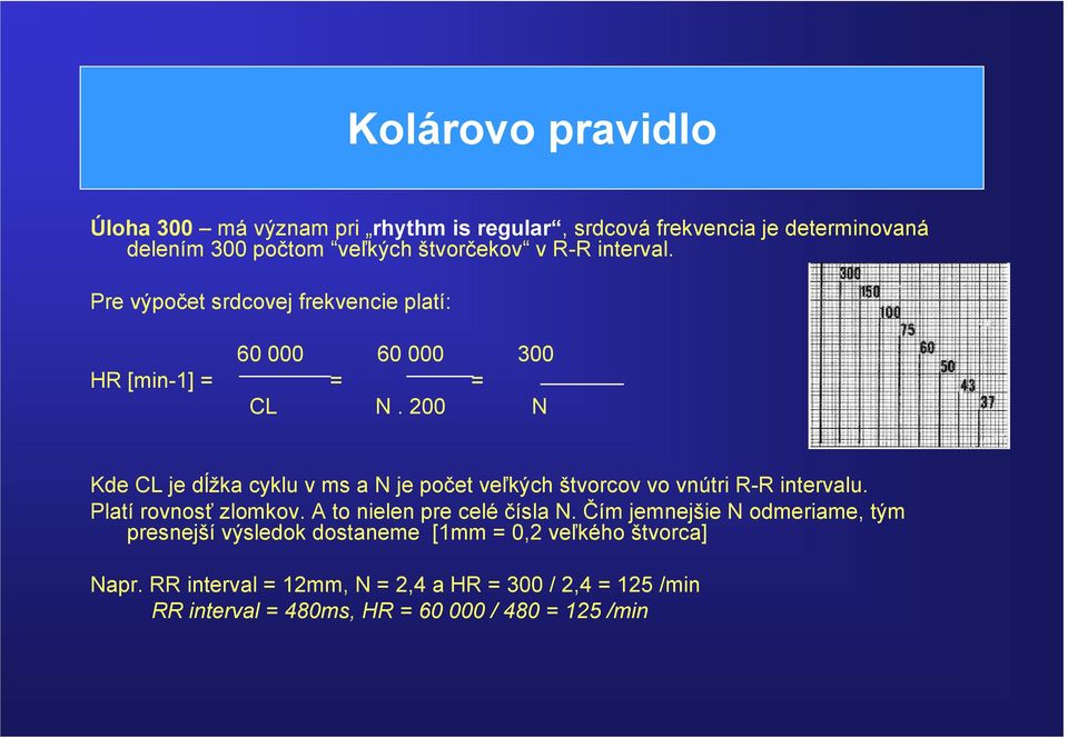 200 N Kde CL je dĺžka cyklu v ms a N je počet veľkých štvorcov vo vnútri R-R intervalu. Platí rovnosť zlomkov. A to nielen pre celé čísla N.