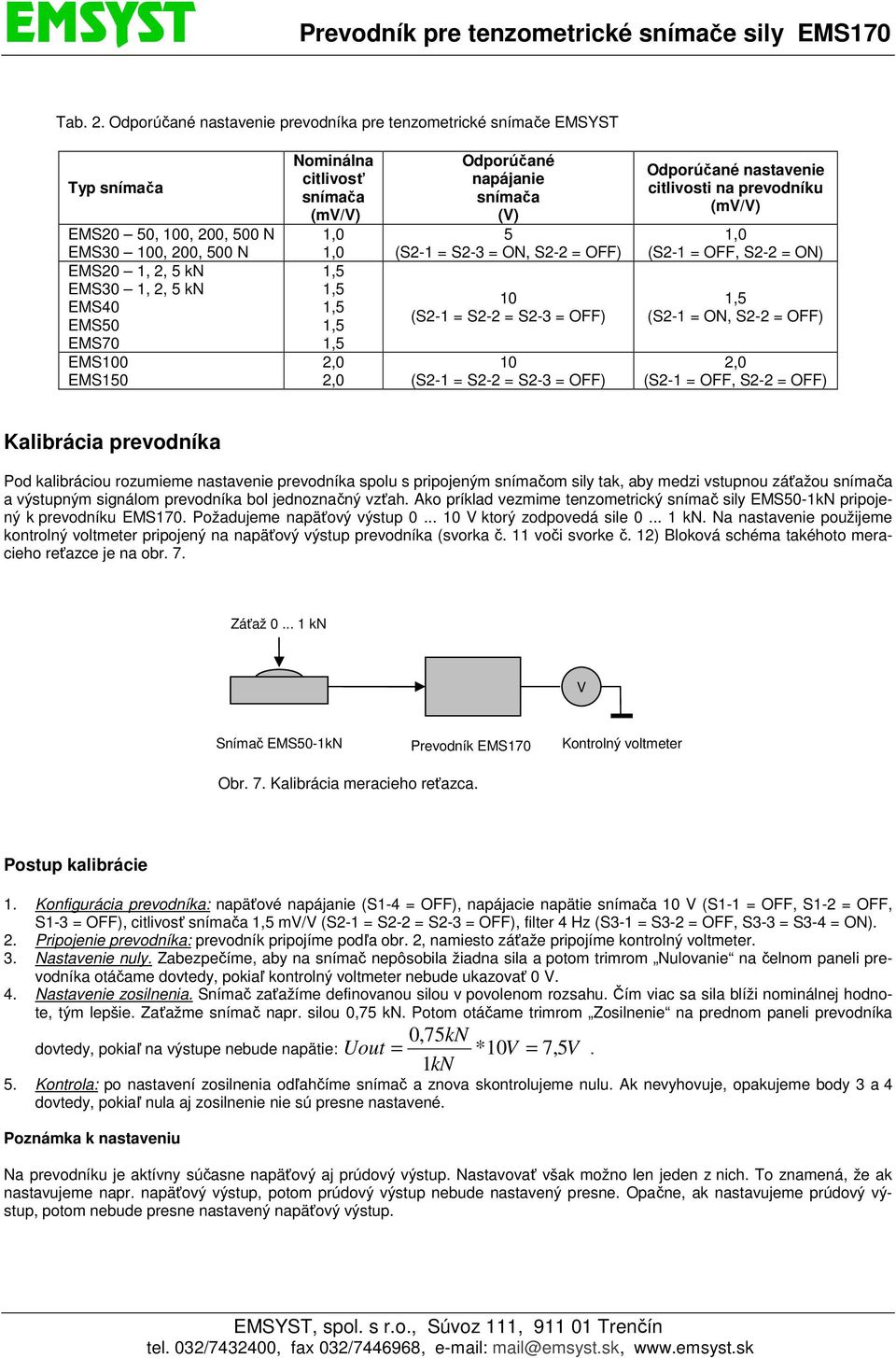 ON, S- = OFF),0 (S- = OFF, S- = OFF) Kalibrácia prevodníka Pod kalibráciou rozumieme nastavenie prevodníka spolu s pripojeným snímačom sily tak, aby medzi vstupnou záťažou snímača a výstupným