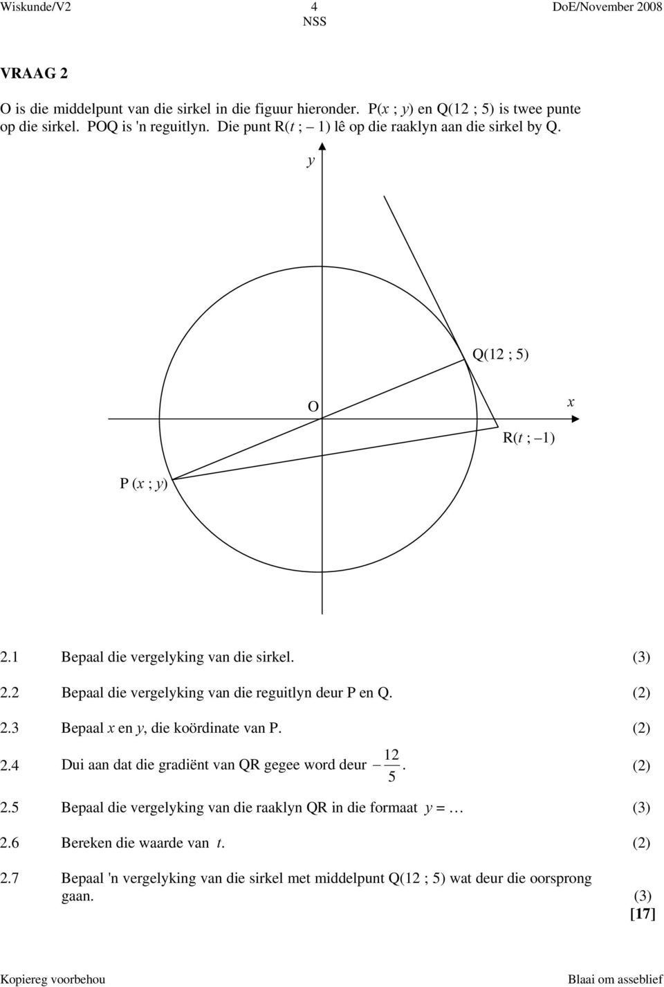 Bepaal die vergelykig va die reguitly deur P e Q. ().3 Bepaal e y, die koördiate va P. ().4 Dui aa dat die gradiët va QR gegee word deur. () 5.