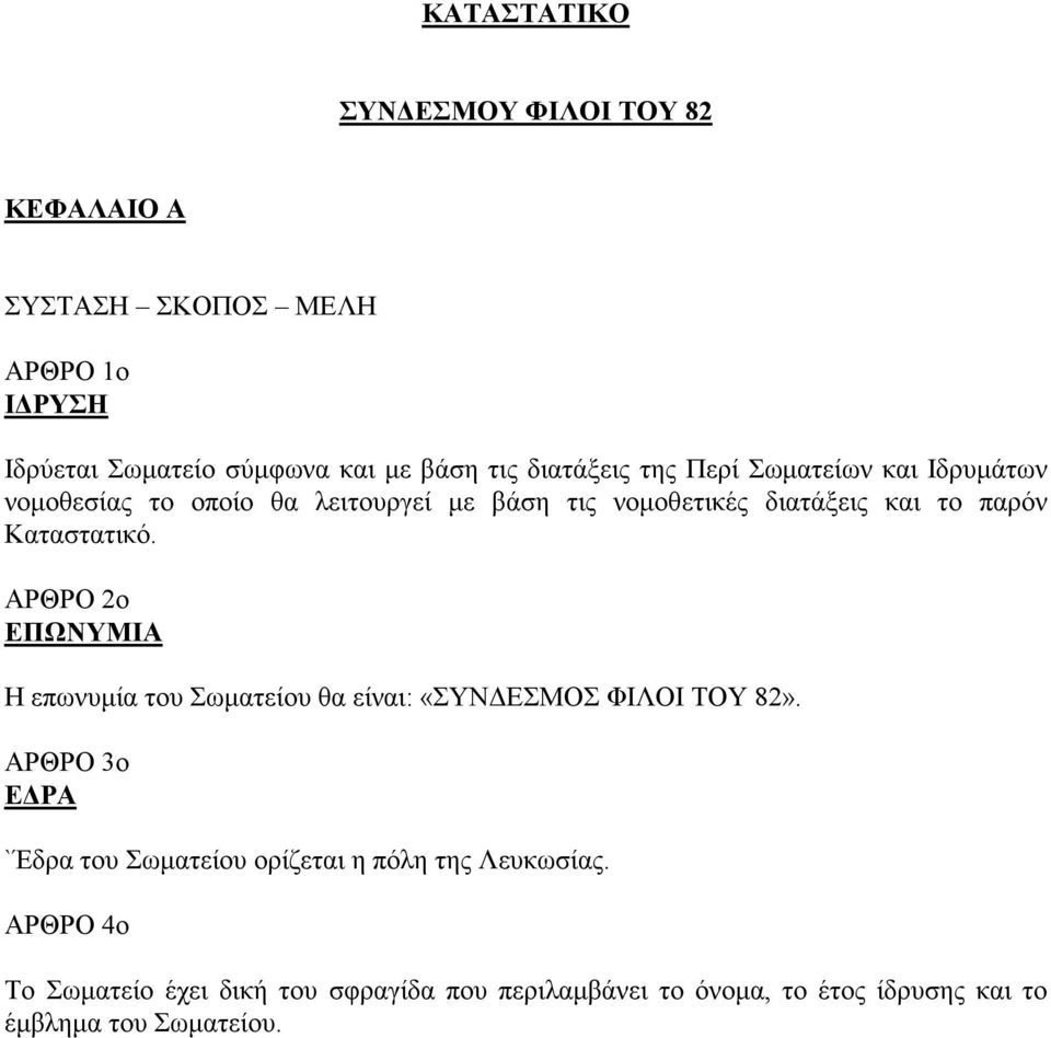 Καταστατικό. ΑΡΘΡΟ 2ο ΕΠΩΝΥΜΙΑ Η επωνυµία του Σωµατείου θα είναι: «ΣΥΝ ΕΣΜΟΣ ΦΙΛΟΙ ΤΟΥ 82».