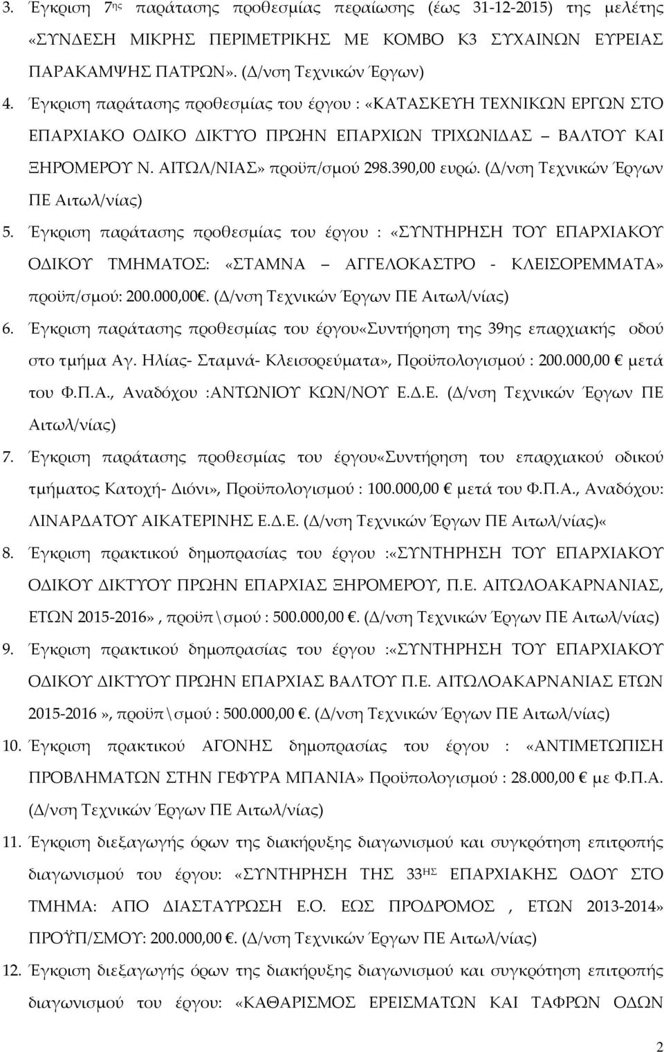 (Δ/νση Τεχνικών Έργων ΠΕ Αιτωλ/νίας) 5. Έγκριση παράτασης προθεσμίας του έργου : «ΣΥΝΤΗΡΗΣΗ ΤΟΥ ΕΠΑΡΧΙΑΚΟΥ ΟΔΙΚΟΥ ΤΜΗΜΑΤΟΣ: «ΣΤΑΜΝΑ ΑΓΓΕΛΟΚΑΣΤΡΟ - ΚΛΕΙΣΟΡΕΜΜΑΤΑ» προϋπ/σμού: 200.000,00.