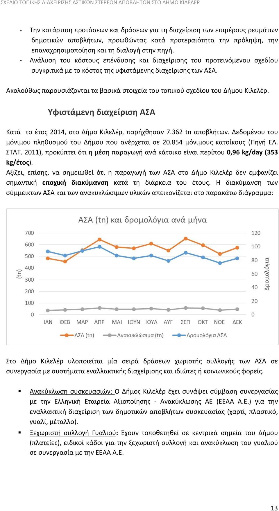 Ακολούθως παρουσιάζονται τα βασικά στοιχεία του τοπικού σχεδίου του Δήμου Κιλελέρ. Υφιστάμενη διαχείριση ΑΣΑ Κατά το έτος 2014, στο Δήμο Κιλελέρ, παρήχθησαν 7.362 tn αποβλήτων.