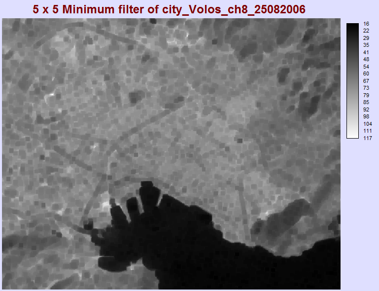 Εικόνα 8.9 Η εικόνα του πολεοδομικού ιστού του Βόλου στο παγχρωματικό κανάλι μετά την εφαρμογή του φίλτρου της ελάχιστης ραδιομετρικής τιμής διαστάσεων 5 X 5 με ημ/νία καταγραφής 25