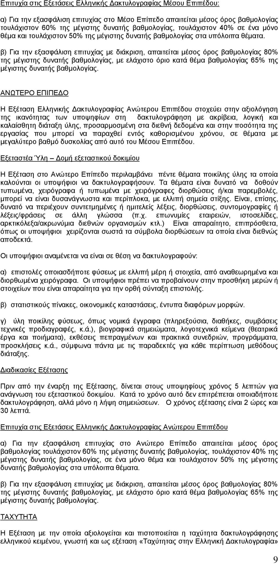 β) Για την εξασφάλιση επιτυχίας με διάκριση, απαιτείται μέσος όρος βαθμολογίας 80% της μέγιστης δυνατής βαθμολογίας, με ελάχιστο όριο κατά θέμα βαθμολογίας 65% της μέγιστης δυνατής βαθμολογίας.