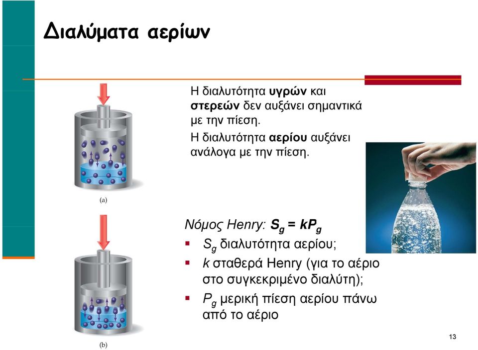 Νόμος Henry: S g = kp g S g διαλυτότητα αερίου; k σταθερά Ηenry (για το