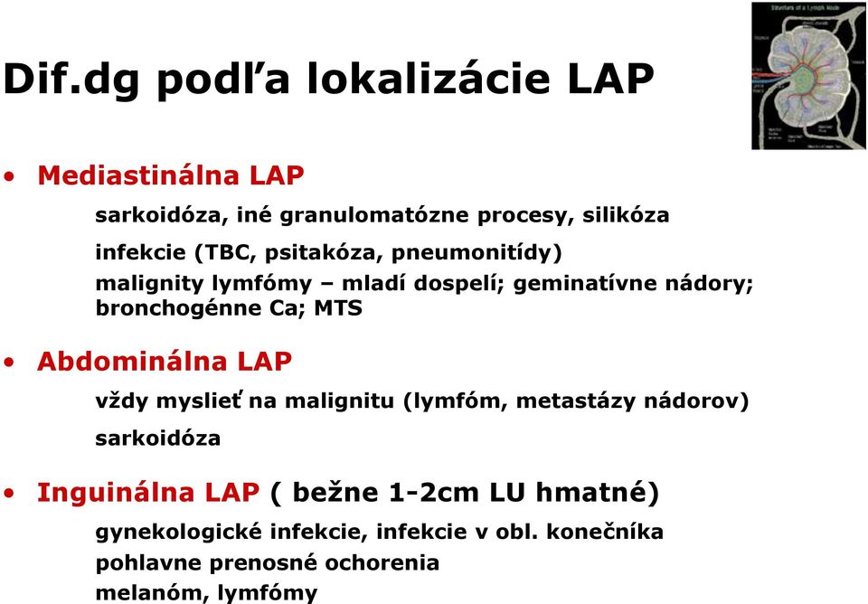 Abdominálna LAP vždy myslieť na malignitu (lymfóm, metastázy nádorov) sarkoidóza Inguinálna LAP ( bežne