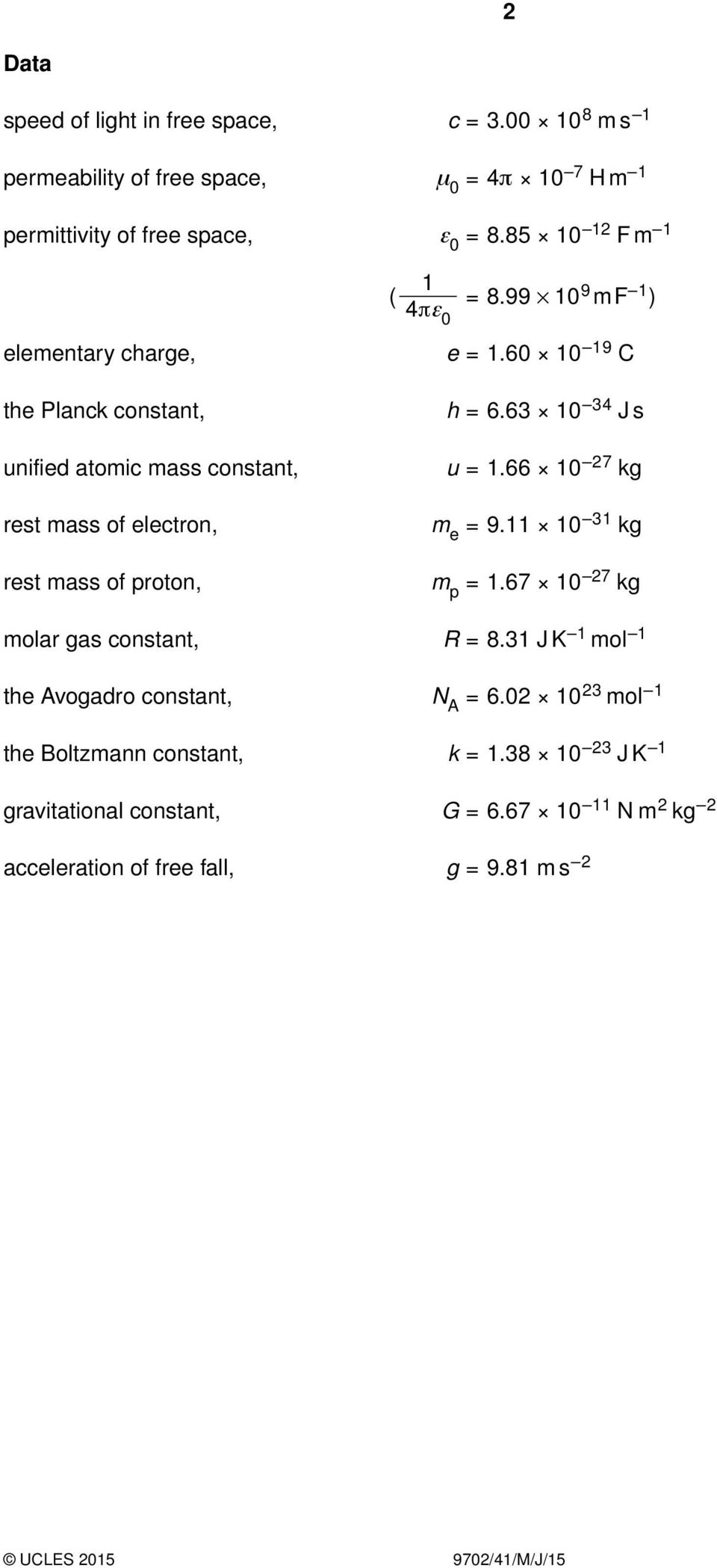 99 10 4πε 9 m F 1 ) 0 elementary charge, the Planck constant, unified atomic mass constant, rest mass of electron, rest mass of proton, e = 1.