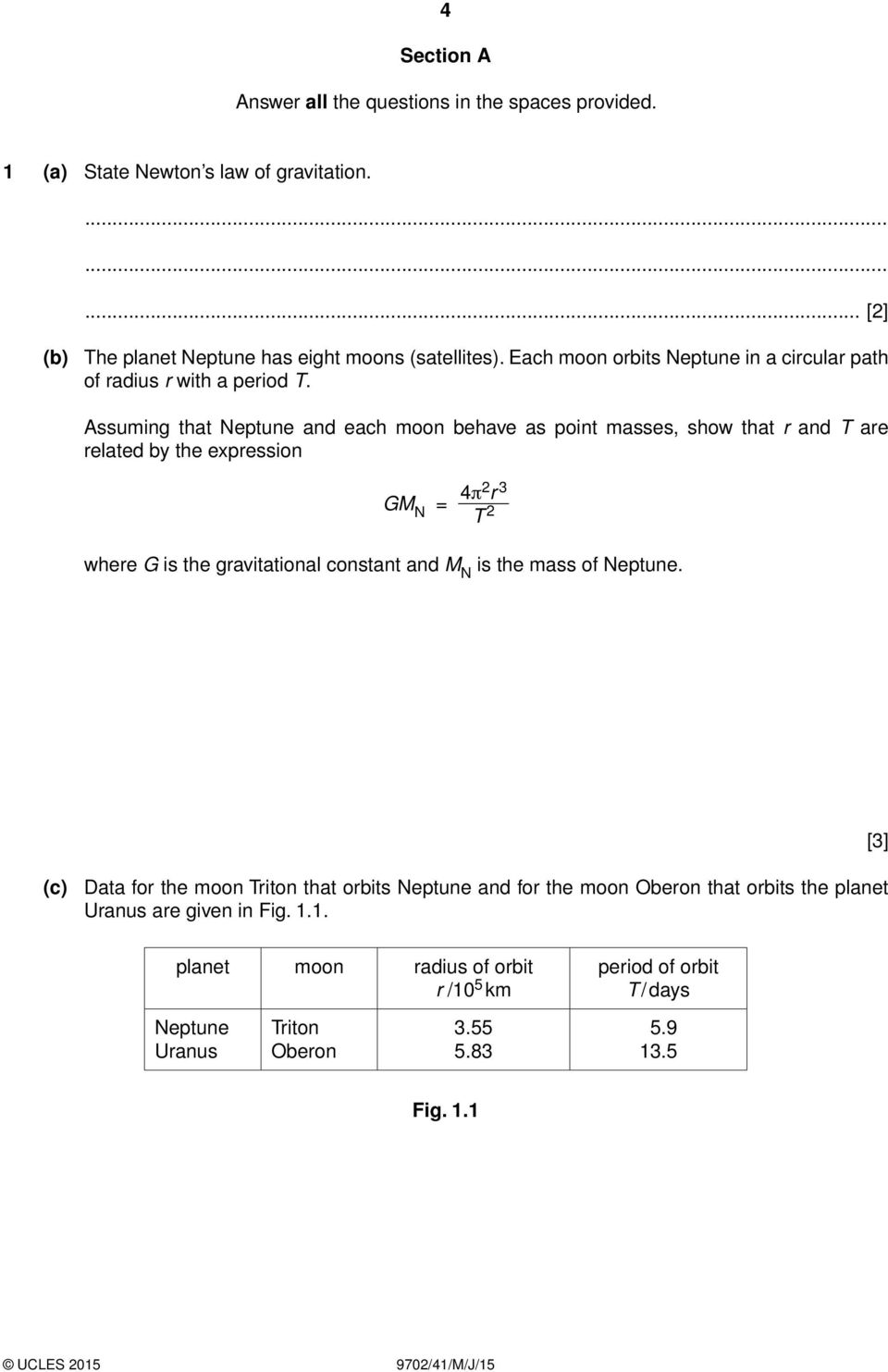 Assuming that Neptune and each moon behave as point masses, show that r and T are related by the expression GM N = 4π2 r 3 T 2 where G is the gravitational constant and M