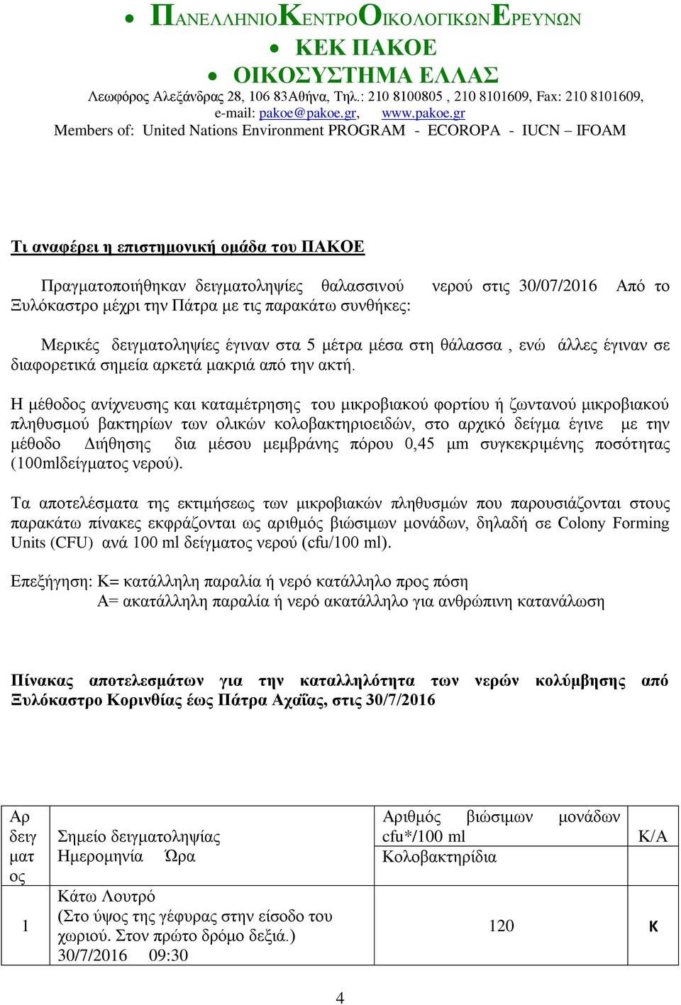 Η μέθοδος ανίχνευσης και καταμέτρησης του μικροβιακού φορτίου ή ζωντανού μικροβιακού πληθυσμού βακτηρίων των ολικών κολοβακτηριοειδών, στο αρχικό δείγμα έγινε με την μέθοδο Διήθησης δια μέσου