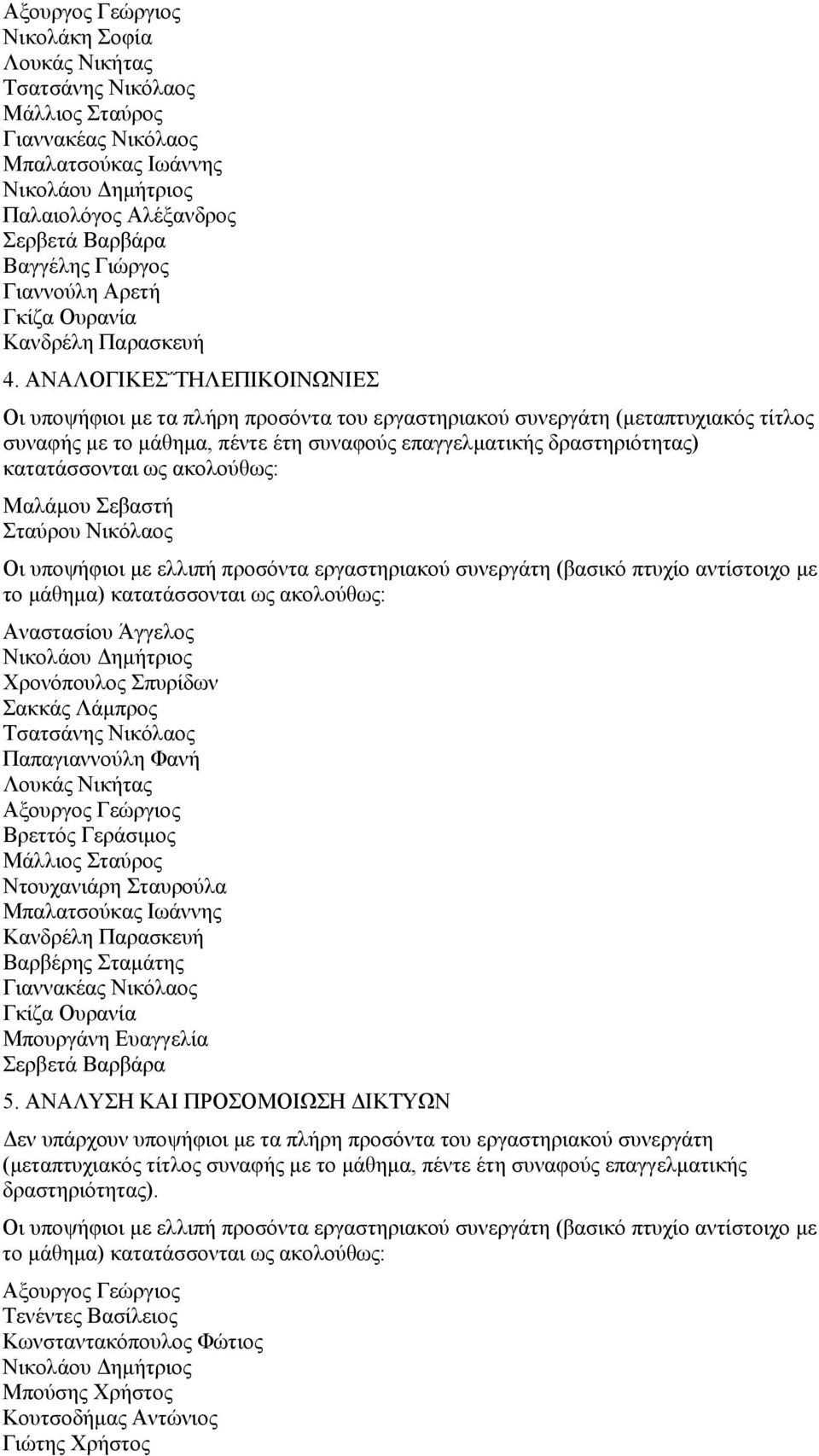 ΑΝΑΛΟΓΙΚΕΣ ΤΗΛΕΠΙΚΟΙΝΩΝΙΕΣ Μαλάμου Σεβαστή Σταύρου Νικόλαος Αναστασίου Άγγελος Χρονόπουλος Σπυρίδων Τσατσάνης Νικόλαος Παπαγιαννούλη Φανή Λουκάς