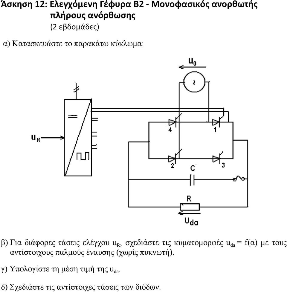 σχεδιάστε τις κυματομορφές u da = f(α) με τους αντίστοιχους παλμούς έναυσης (χωρίς