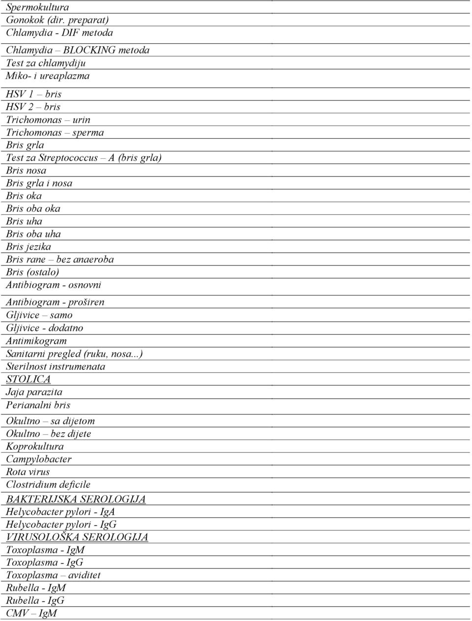 grla) Bris nosa Bris grla i nosa Bris oka Bris oba oka Bris uha Bris oba uha Bris jezika Bris rane bez anaeroba Bris (ostalo) Antibiogram - osnovni Antibiogram - proširen Gljivice samo Gljivice -