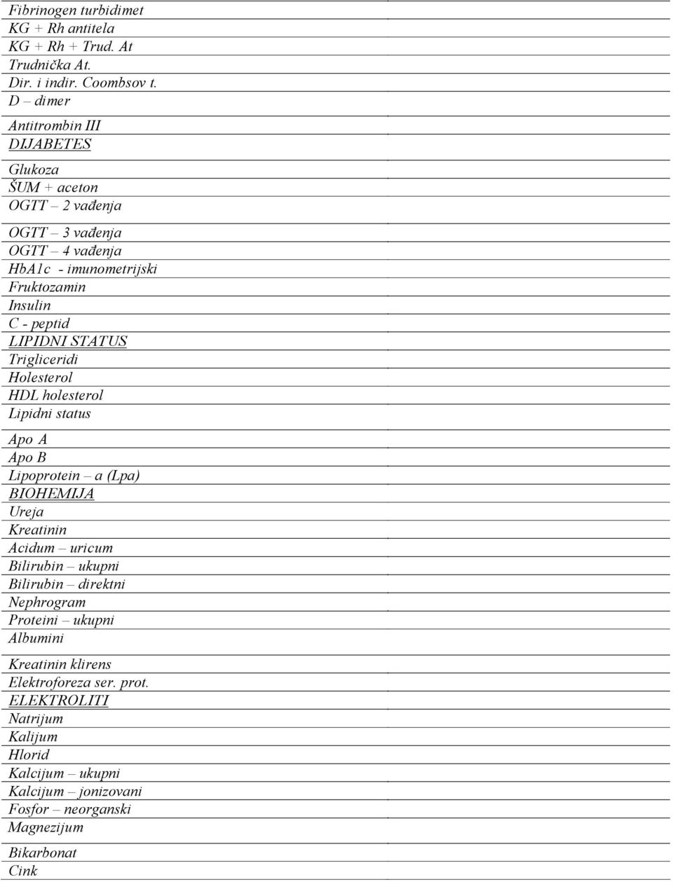 LIPIDNI STATUS Trigliceridi Holesterol HDL holesterol Lipidni status Apo A Apo B Lipoprotein a (Lpa) BIOHEMIJA Ureja Kreatinin Acidum uricum Bilirubin