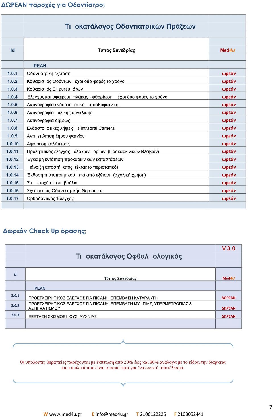 0.8 Ενδοστοματικές λήψεις με Intraoral Camera Δωρεάν 1.0.9 Αντιμετώπιση ξηρού φατνίου Δωρεάν 1.0.10 Αφαίρεση καλύπτρας Δωρεάν 1.0.11 Προληπτικός έλεγχος μαλακών μορίων (Προκαρκινικών Βλαβών) Δωρεάν 1.